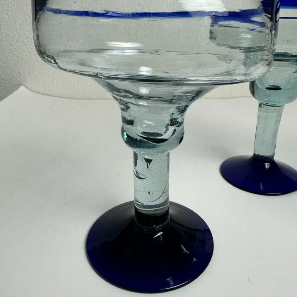 Vintage Hand Bowing Martini Glasses Set of 3 Blue Rim